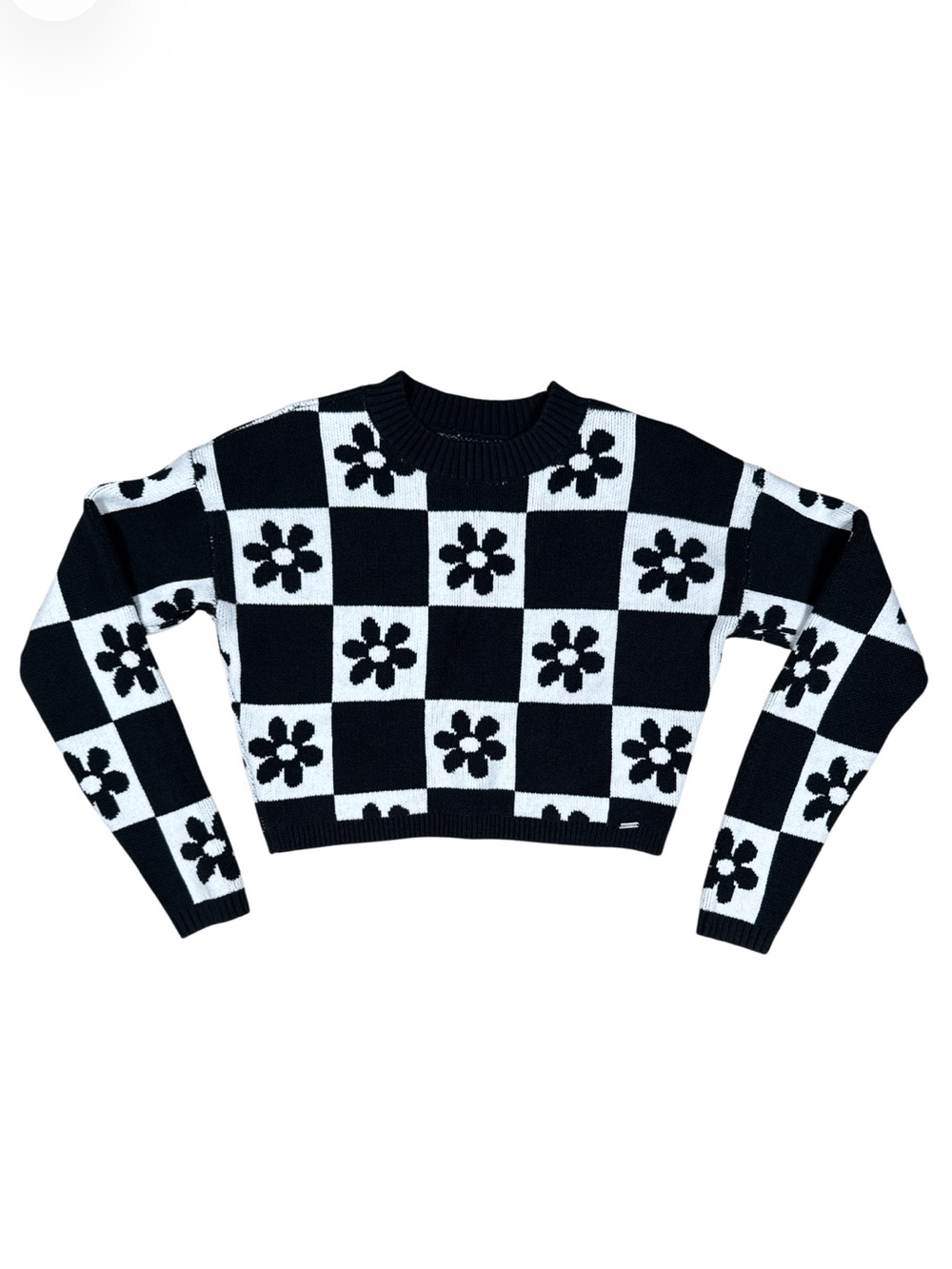 Hollister XS Black White Checkered Flower Crop Sweater - Y2K Cozy Knit - Picture 3 of 11